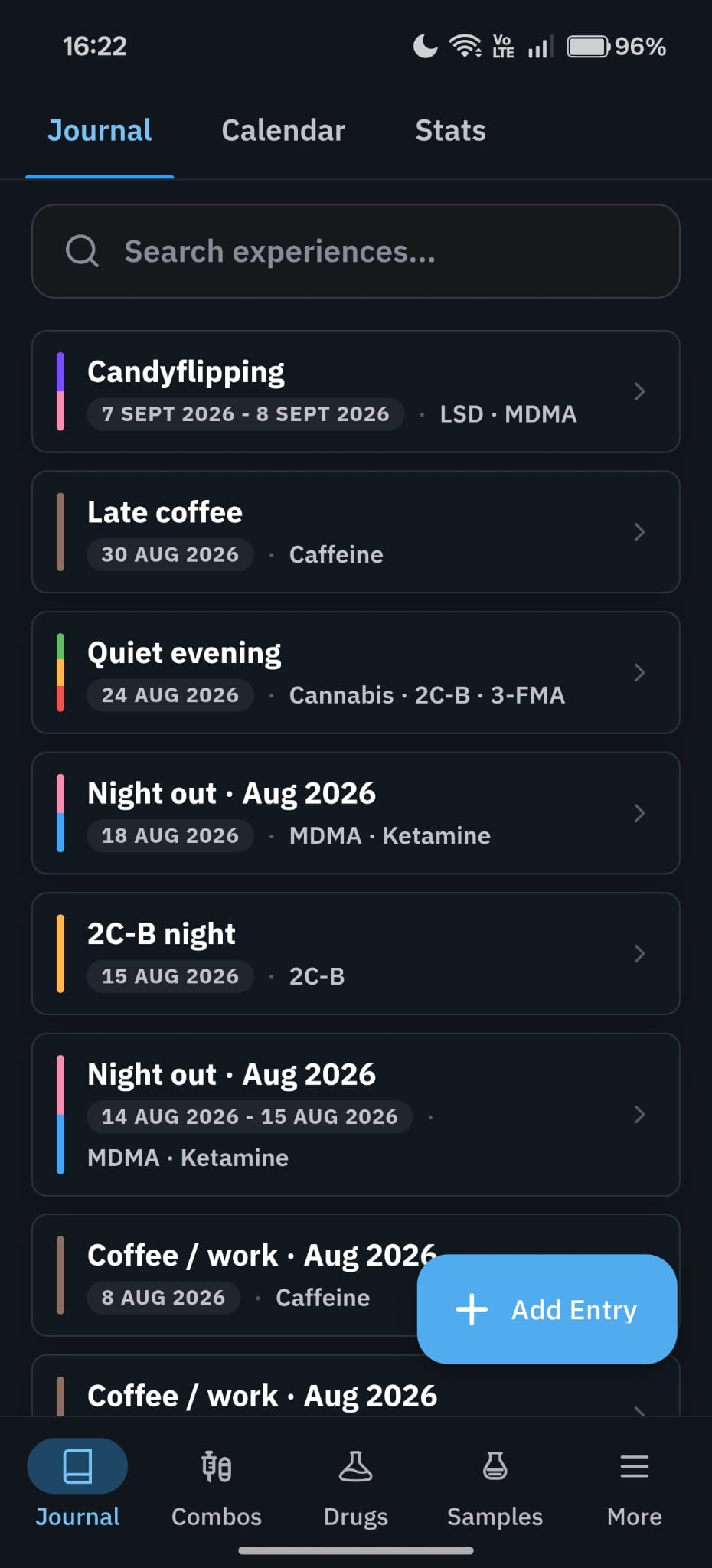 Fracton Journal showing a searchable list of past experiences with dates and substances.