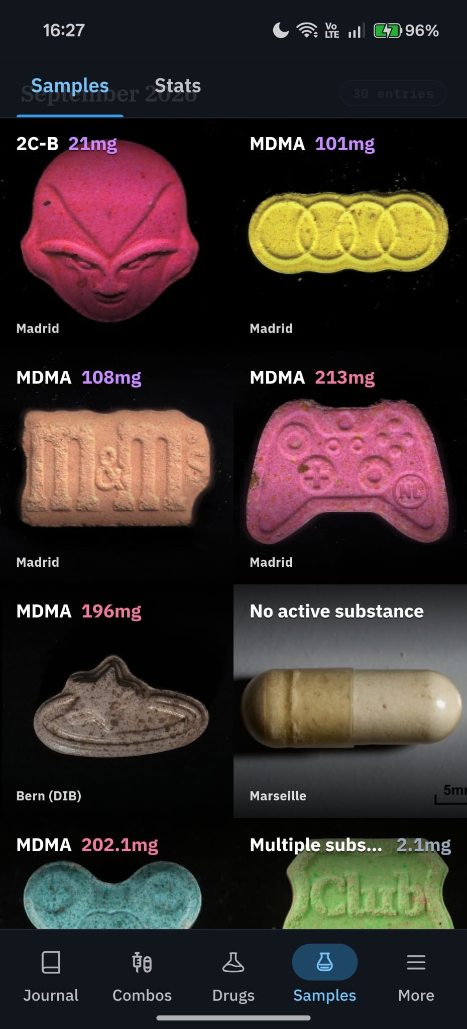 Fracton Samples showing pill and tablet drug-checking results with detected substances, reported amounts, and locations.