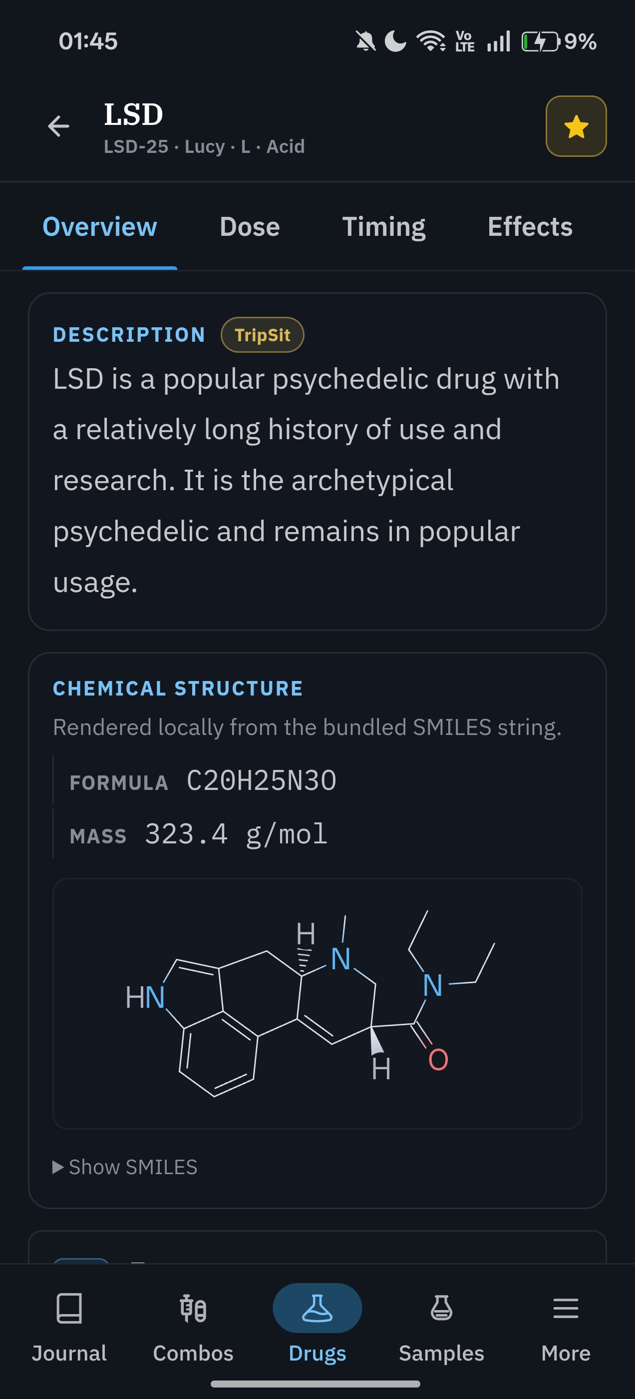 Fracton LSD overview showing a TripSit description and a locally rendered chemical structure.